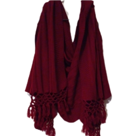 None Accessories - -- Red Knit Fringe Shawl/ Cardigan